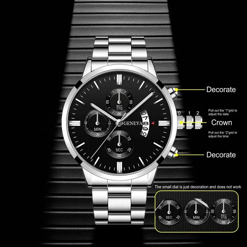 Fashion Men Stainless Steel Watch Luxury Calendar Quart.