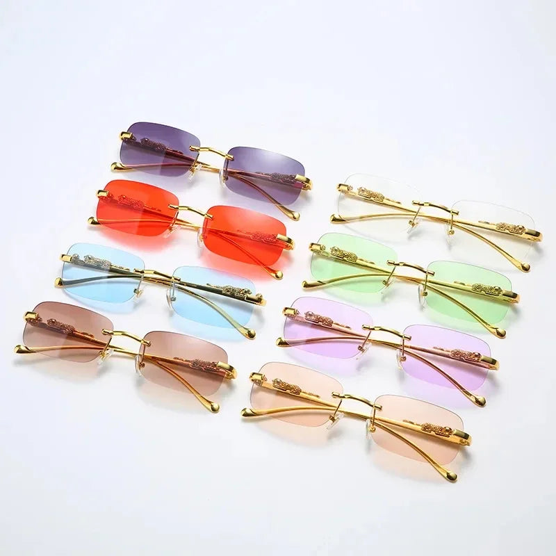 Rimless Rectangle Vintage Sunglasses Metal Leopard Head Sun Glasses Fashion