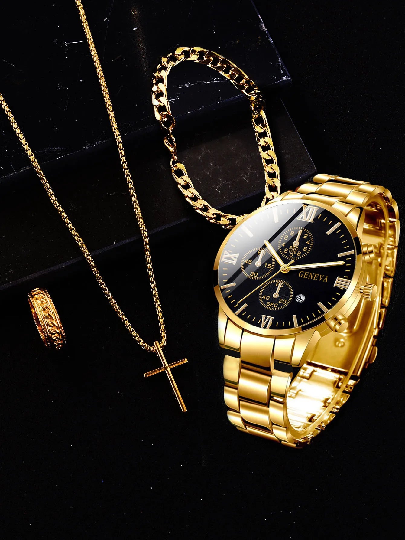 4pcs gold alloy Roman with calendar men's quartz.